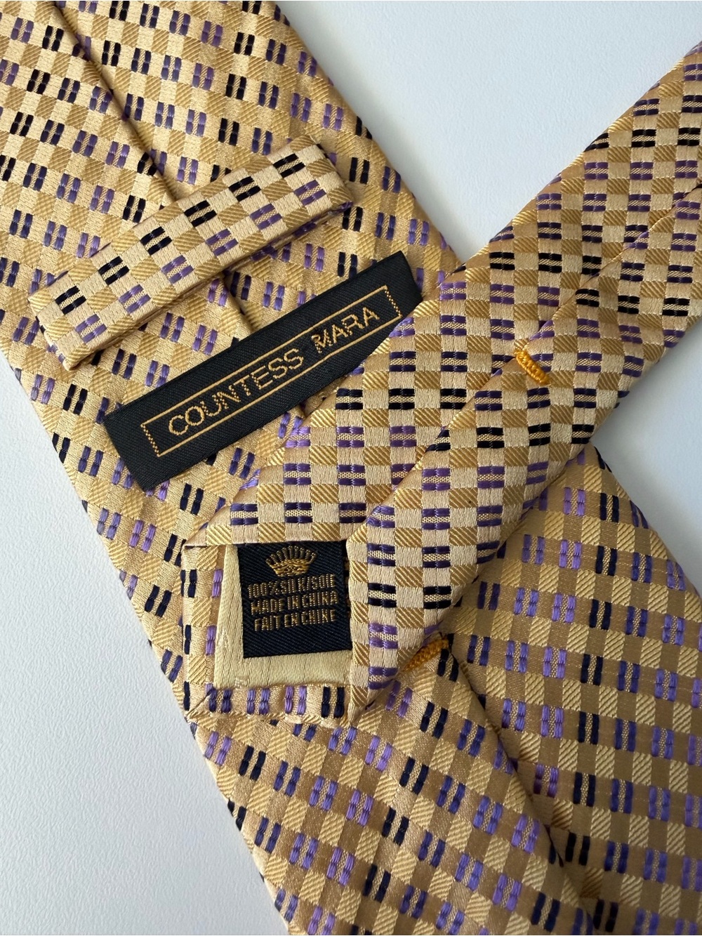 Countess Mara	Gold Purple Geometric Stripes Woven Jacquard Crown	100% Silk Tie